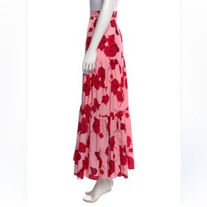 Borgo de Nor Pink Red Floral Silk Maxi Skirt Size 10 | Tiered Long Skirt